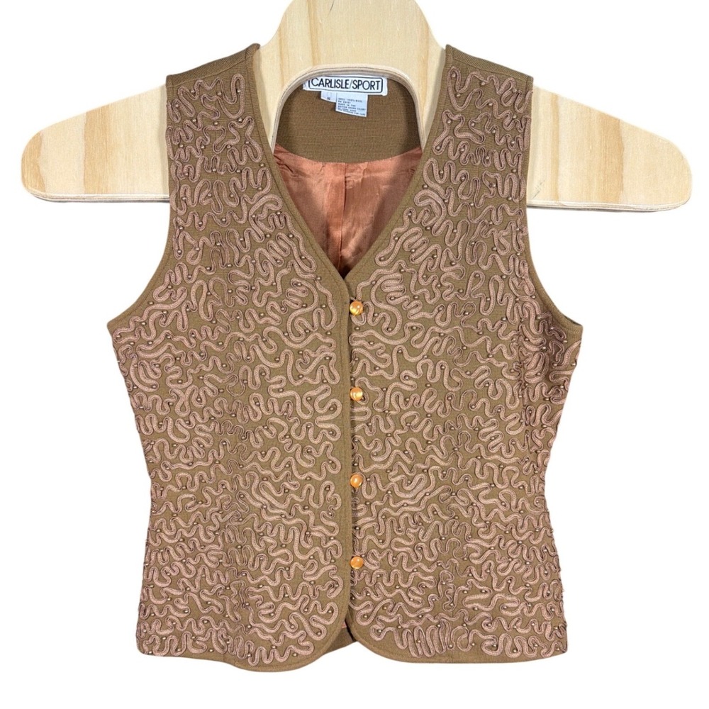 Carlisle Sport Vintage Womens Small Brown Wool Soutache Beaded Button Front Vest